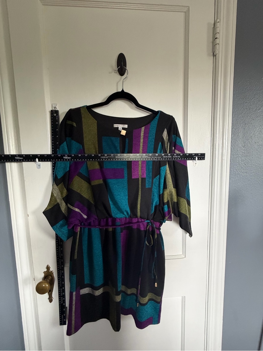 Sandra Darren Black Dress with Teal, Purple & Olive Geometric Print